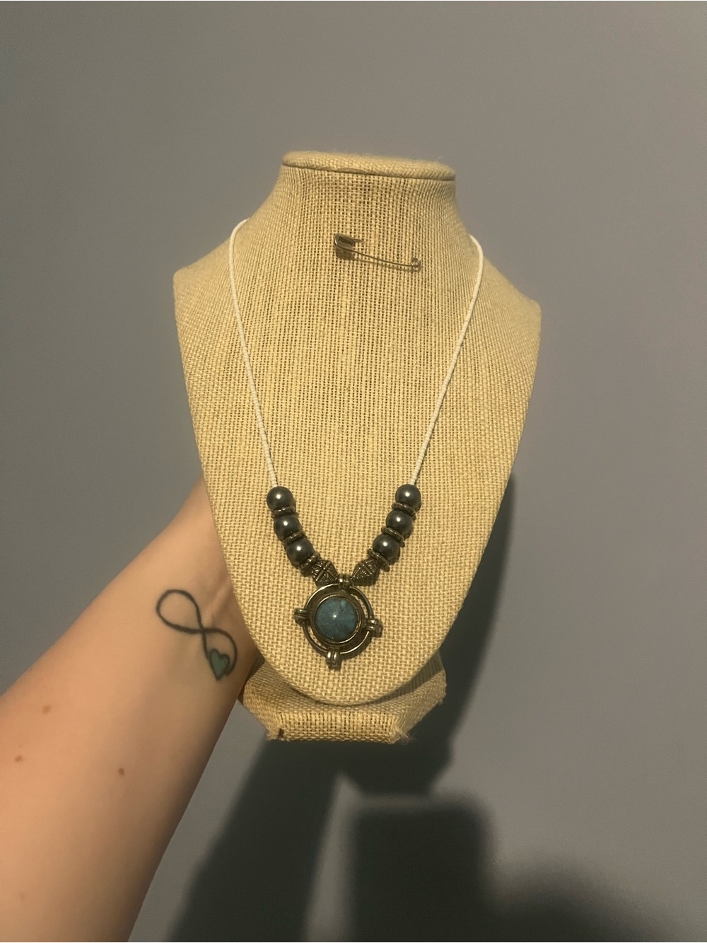 #102. Handmade Blue Stone Pendant Necklace with Antique Gold Accents - Picture 4 of 5
